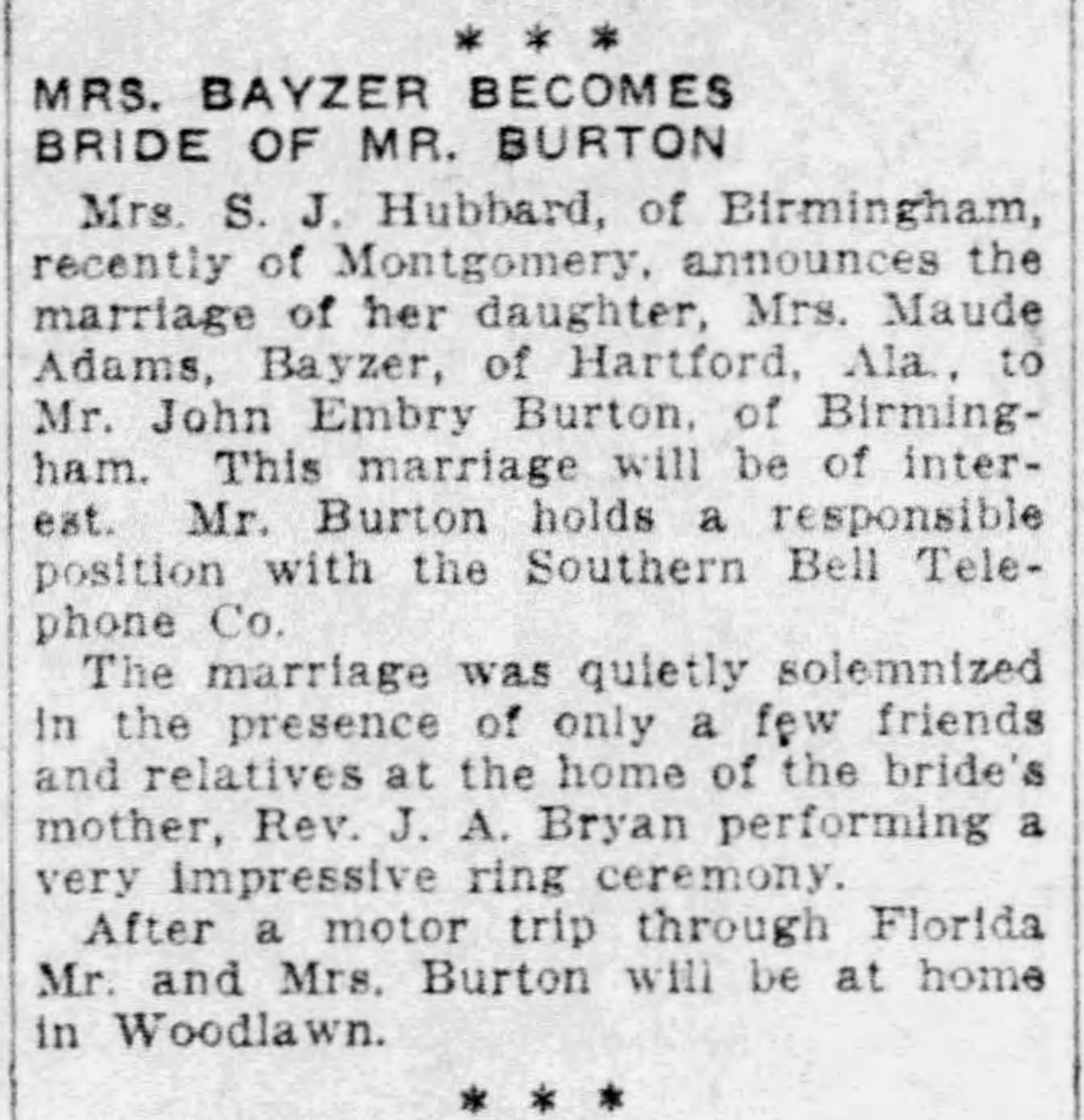 Mrs. Bayzer Becomes Bride of Mr. Burton